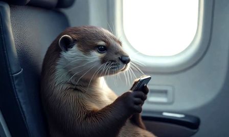 Picture of an otter sitting on an commercial airplane flight