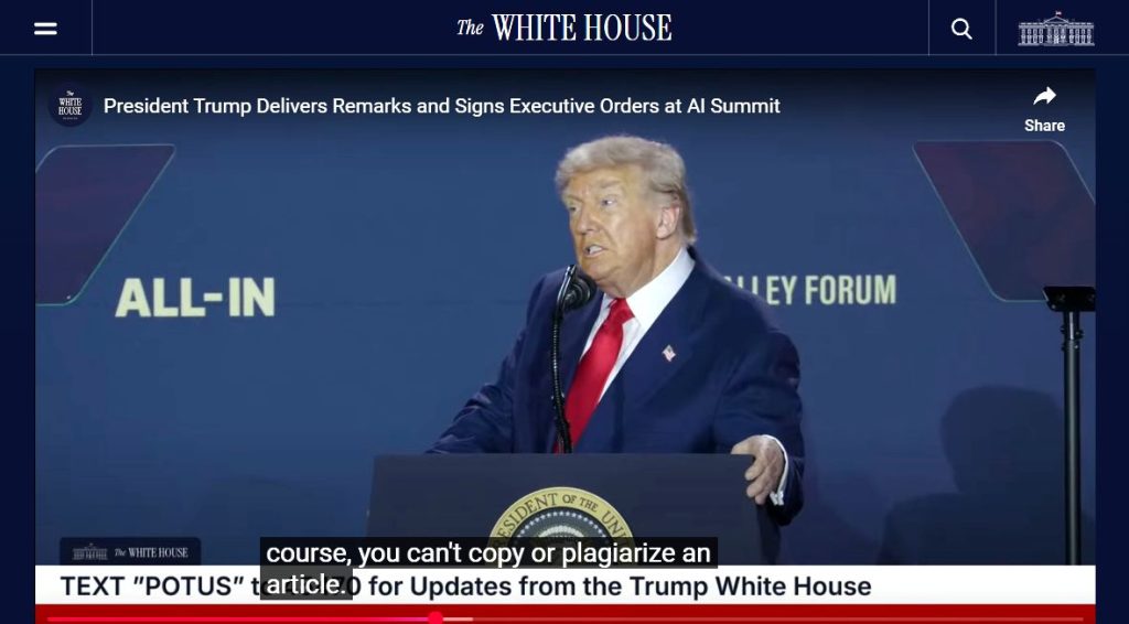 Donald Trump talking about his new AI regulations, July 23, 2025