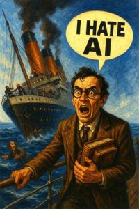 Illustration of a bookish man screaming "I hate AI" while the Titanic sinks behind him.