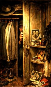 Computer-generated image showing a man peering out of a dark closet with some photos of couples who may be closeted sexually